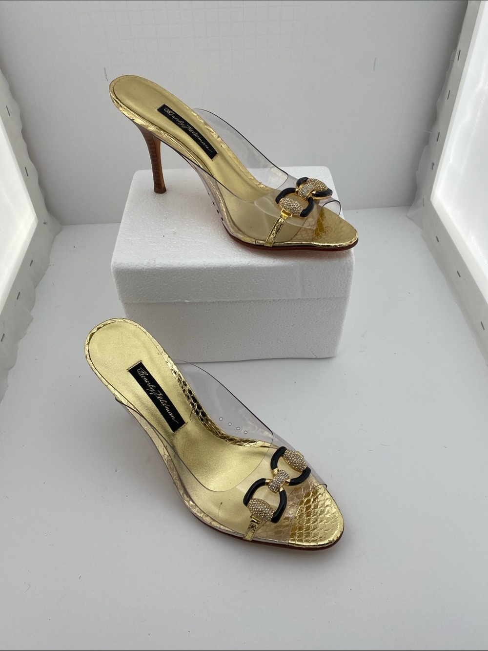 Beverly Feldman Gold Metallic Clear Strap Mule Heels